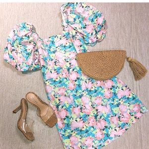 Square Neck Floral Printed Poplin Dress